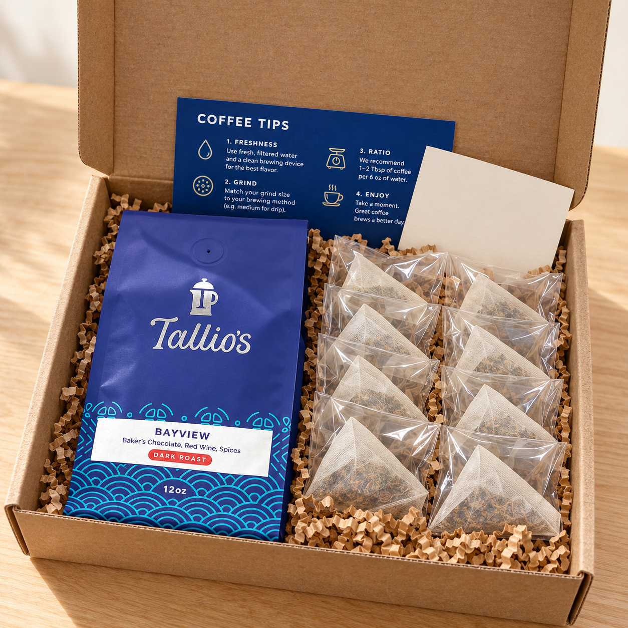 Tallio’s coffee and tea gift box with Bayview coffee, wrapped tea sachets, brewing card and gift note